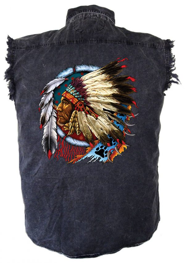 mens native american headdress charcoal denim biker shirt