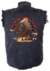 men native american buffalo charcoal denim biker shirt