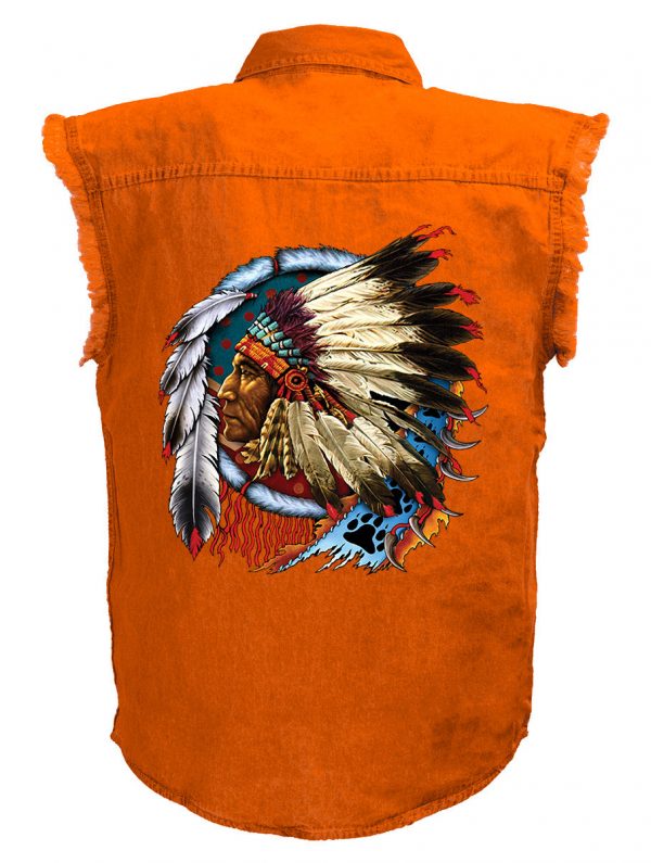 mens native american chief orange denim biker shirt