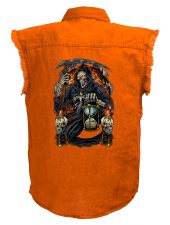 mens grim reaper skulls scythes orange denim biker shirt