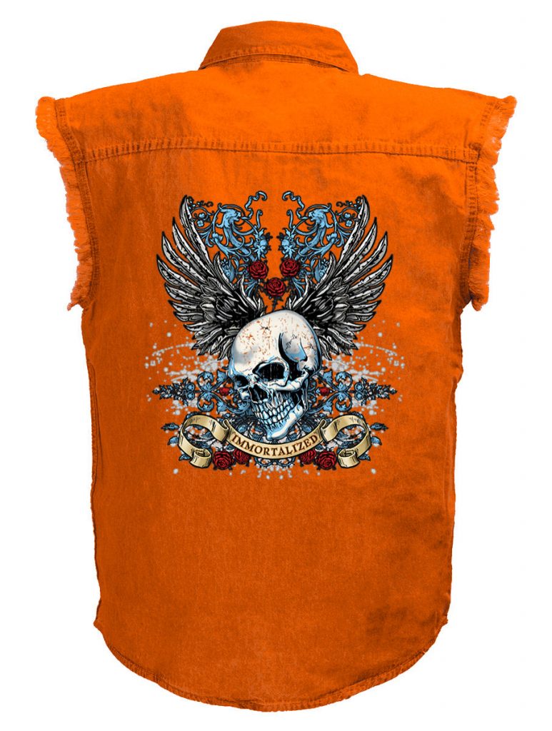 Men’s Immortalized Skull Wings And Roses Orange Cutoff Denim Biker