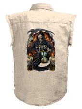 mens grim reaper skull scythes white denim biker shirt