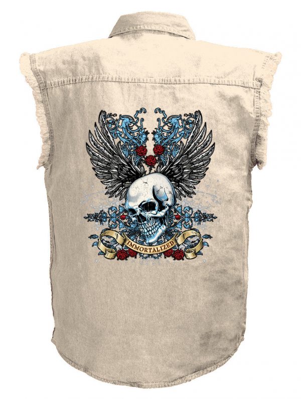 mens immortalized skull white denim biker shirt