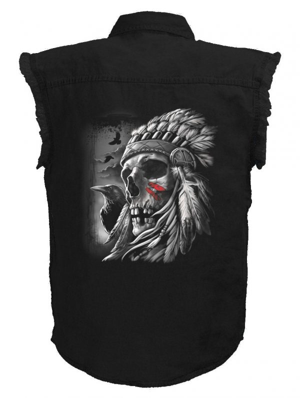 mens native american chief raven black denim biker shirt