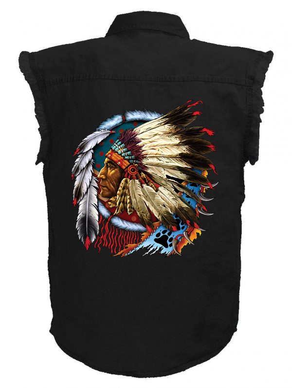 mens native american chief headdress black denim biker shirt