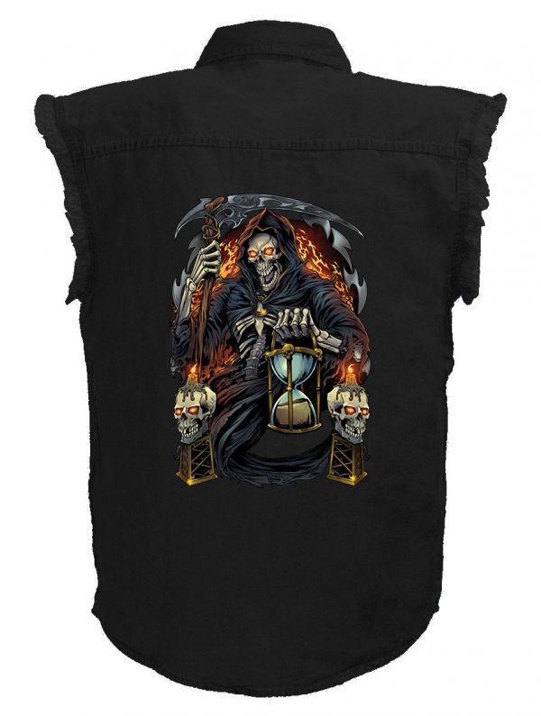 mens grim reaper skulls scythe black denim biker shirt