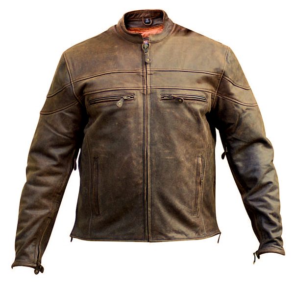 Men's rustic brown leather motorcycle jacket