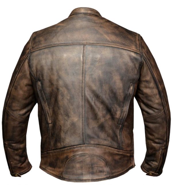 Brown buffalo hide leather motorcycle jacket with concealed carry pockets