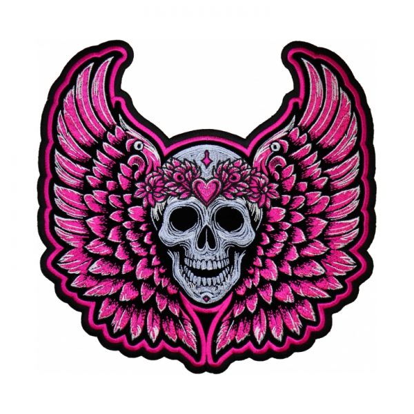 Lady biker pink wings and skull embroidered patch